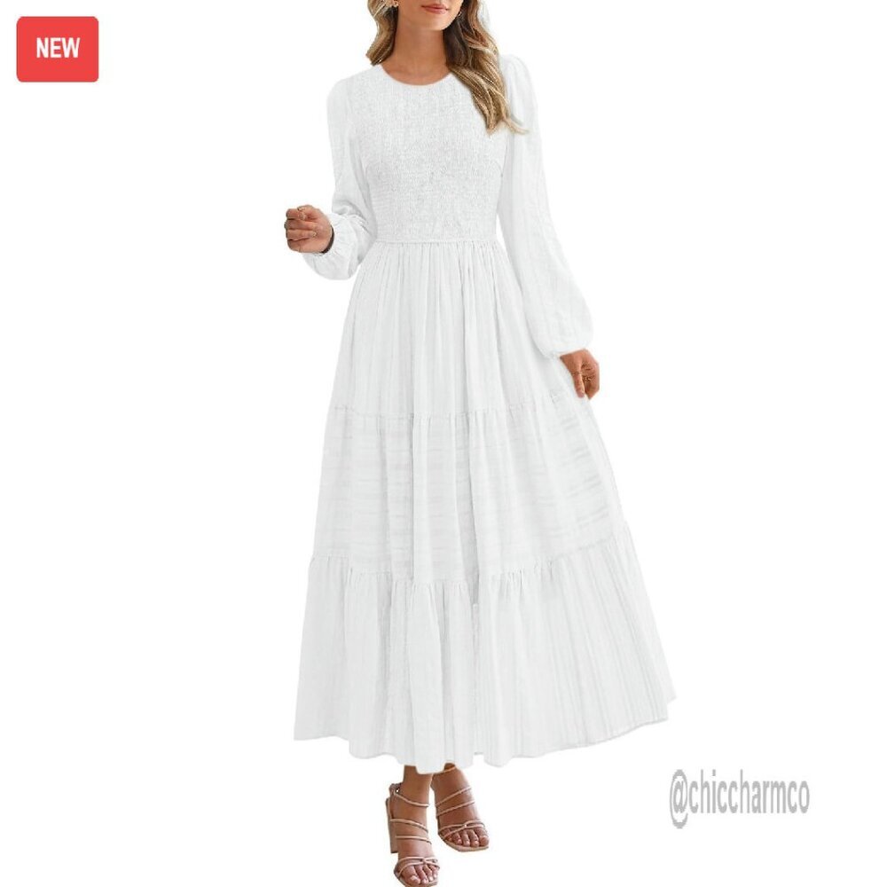 Long Sleeve Smocked Maxi Dress with Pockets, Flowy Tiered Design